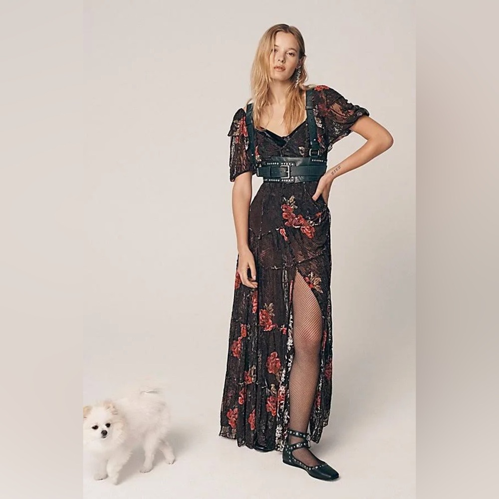Free People Black Maxi Dress with Red Floral Design NWOT